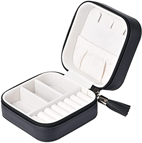 Luxury Leather Travel Jewelry Box for Women Mini Organizer Small Jewelry Portable Travel Case for Rings Earrings Necklace Multifunctional Storage Wedding Bridesmaids Women Wife Daughter Gift (BLACK)