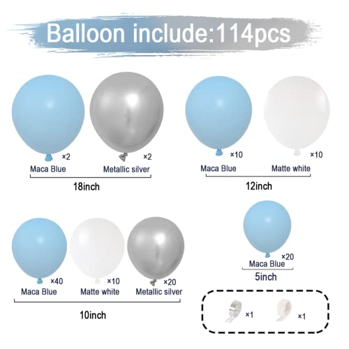 Baby Blue Balloon Garland Arch Kit - 114Pcs Diy Light Blue Metallic Silver Matte White Macaron Blue Balloons, Baby Shower Decorations Birthday Wedding Bridal Shower Baby Boy Girl Party Supplies #TOP3
