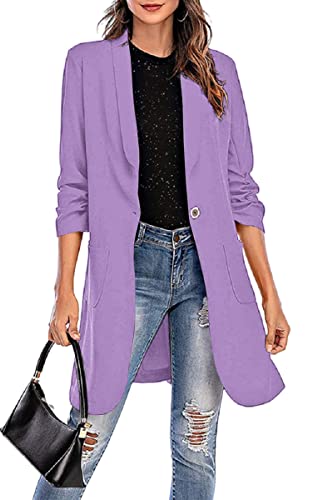 Grlasen Women's Casual Long Blazers Ruched 3/4 Sleeve Lapel Oversized Suit Jacket Elegant Work Office Blazer Jackets2