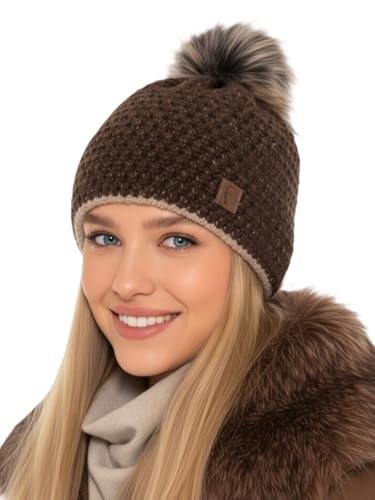 Baesics Strickmütze Glitzer Braun mit Bommel für Damen & Herren – warme Unisex Wintermütze mit Fleecefutter & Kunstfell Pompon One Size – Beanie Stil