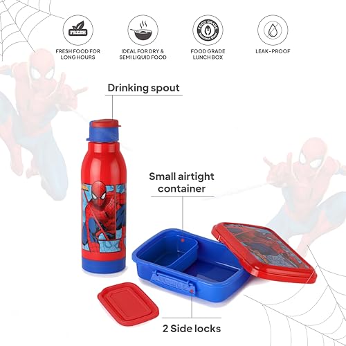 Image of CELLO Lunch On Spiderman Design Kids Combo Set Blue | Inner Compartment Lunch Box with Insulated Water Bottle Leak Proof Airtight Lightweight 3D Print Tiffin Box Bottle Set for School Kids Boys Girls