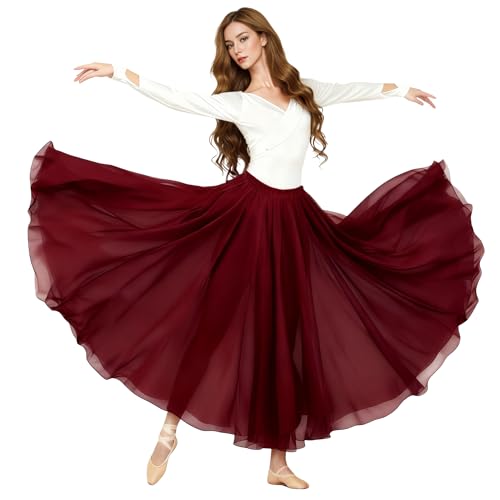 Baisdan Jupe Danse Orientale en Chiffon pour Femme, Jupe Flamenco pour Danse du Ventre et Spectacles Rouge foncé