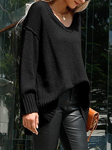 Women's V Neck Casual Loose Long Sleeve High Low Hem Oversized Black Pullover Sweater Tops 38Ch9-Hei-S #TOP3