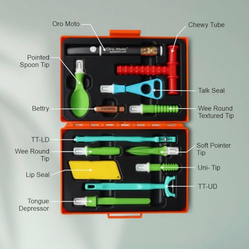 Image of Special Kit - Sensory Integration, Speech & Feeding Therapy Tools | Includes..Oro Moto Vibration brash, Pointer Spoon, Tongue Depressor, Wee Round Tip, Wee Round Textured, Soft Pointer, Uni Tip, Talk-Seal, Tongue Lateralization, Lip Seal, Chewy Tube Red Pack of 1 Kit