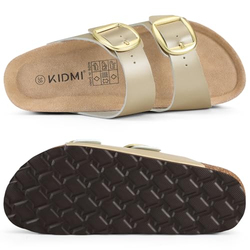 Image of KIDMI Women's Cork Footbed Slide Sandals Comfortable Arch Support Outdoor Sandal with Big Adjustable Buckle for Summer