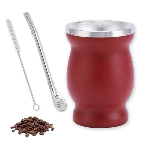 Juego de Taza de Calabaza de Acero Inoxidable,Taza Mate de Acero Inoxidable con Doble Pared Aislante, 260ml Juego de Té Mate, con Cuchara para Pajita y Cepillo de Limpieza(Rojo)