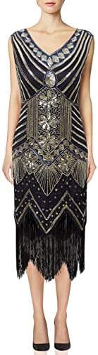 Vijiv Women 1920s Gastby Sequin Art Nouveau Embellished Fringed Cocktail Dresses Black Gold Large