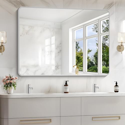 CIVENO 48x36 Inch Silver Bathroom Mirror, Large Rectangular Vanity Mirror, Metal Framed Rectangle Mirrors, Rounded Corner Wall Mounted Mirrors for Living Room Bedroom Entryway Horizontal or Vertical