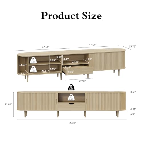 Image of DHH 95.2 inch Fluted TV Stand with Power Outlet for TVs up to 100 inch, TV Console with Adjustable Shelves and Sliding Door,Mid Century Modern Entertainment Center for Living Room,Bedroom (Natural Wood)