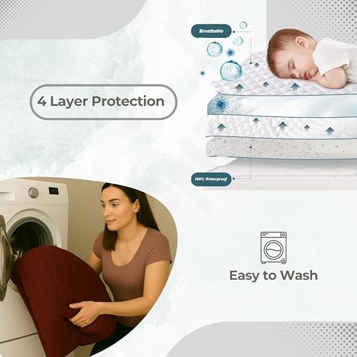 Image of Waterproof Cotton Quilted - Breathable, Hypoallergenic, Noiseless Ultra Soft Fitted Bed Cover with 3 Layers of Protection, 100% Waterproof, No-Slip Design | Maroon, Single (36 * 78)