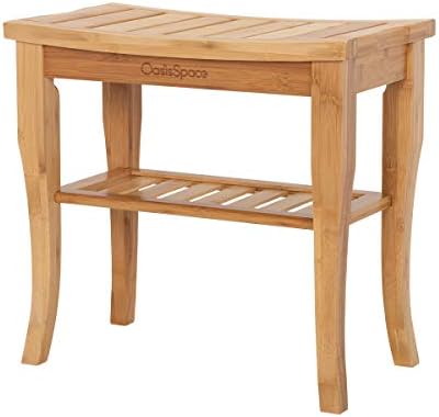 OasisSpace Bamboo Shower Bench, 19" Waterproof Shower Chair with Storage Shelf, Wood Spa Bath Organizer Seat Stool, Perfect for Indoor or Outdoor