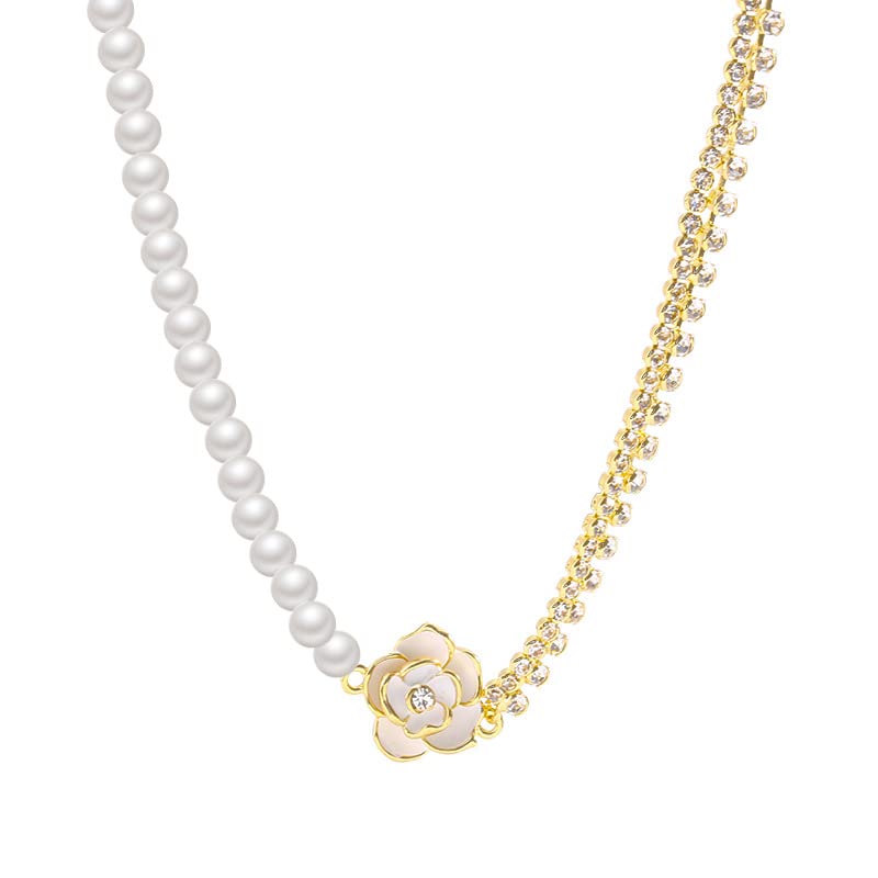 fdsmall Collar de perlas de moda camelia rosa blanca collar ajustable brillante circonita flor colgante gargantilla collar novia boda fiesta verano enlace cadena collar joyas para mujeres y niñas,