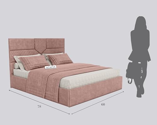 Image of Acacia Modern Upholstered Queen Size Bed with Box Storage for Bedroom | Wooden Double Bed with Storage | Platform Cot Bed with Upholstery Premium Fabric | 6.5 x 5 Ft | Sheesham Wood (Salmon Pink)