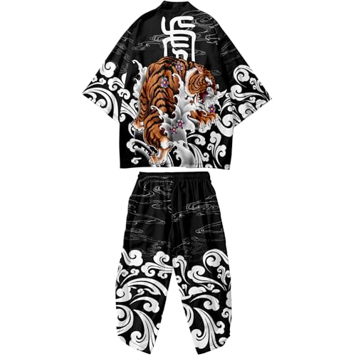 Image of DOSLAVIDA Men's Japanese Kimono Cardigan Suit Chinese Style Printed Jacket Pants Set Open Front Seven Sleeve Top & Shorts