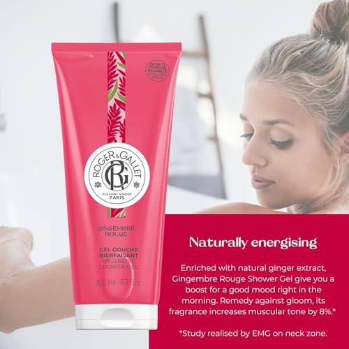 Roger&Gallet - Gel Douche Parfumé Gingembre Rouge - Notes de Grenade, Gingembre, Baies roses, Benjoin - Enrichi en Aloe Vera - Mousse Nettoyante, onctueuse et hydratante - Végan