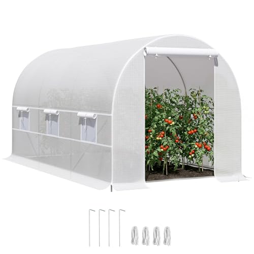Outsunny Invernadero de Exterior 4x2x2 m Invernadero de Túnel con 6 Ventanas de Malla y Puerta Enrollable con Cremallera Invernadero de Huerto Anti-UV para Patio Jardín Blanco