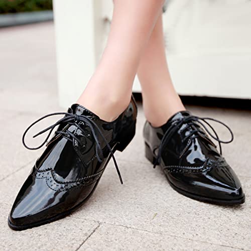 SHEMEE Women's Patent Leather Low Heels Vintage Wingtip Oxfords Pumps Lace Up Pointed Toe Flat Retro Brogues Dress Shoes(Black, US 8)