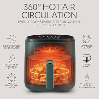 WILLOW Eco Series 6 in 1 Air Fryer with Glass Basket, 5 Quart Non Toxic Air Fryer w Digital Display, 430°F Max Temp, Preheat & Keep Warm Function, Compact + Dishwasher Safe Glass Airfryer - GREEN