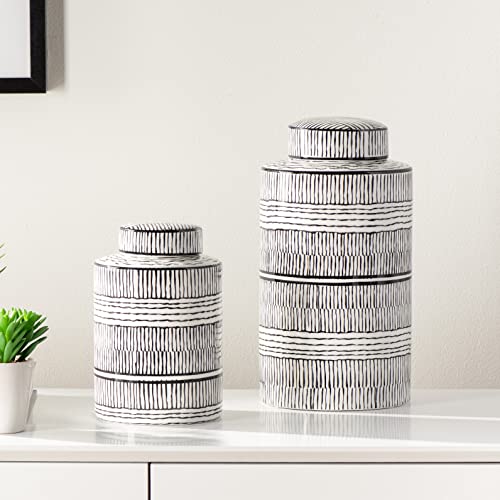 Torre & Tagus Takara Black And White Ginger Jar Vase With Lid - 8" Tall Modern Vase For Flowers As Room Decor - Classic Handmade Home Decor For Storage & Table Centerpiece Display With Lattice Artwork #TOP4