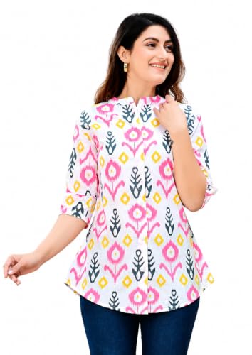Image of Women's Rayon Floral Printed Short Kurti | Regular Fit | Mandarin Collar | Casual Wear for Office, College