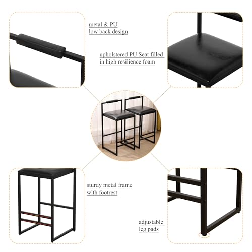 Set de 2 Butacos de Altura de Barra, Butacas de Cuero PU Negro con Reposapiernas y Patas de Metal Negro, Diseño Moderno Sin Brazos para Cocina o Barra (Altura de asiento 24.8") miniatura 3