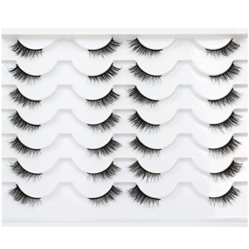 Pooplunch Fluffy Half False Eyelashes Wispy Cat Eye Look Natural Short Accent Lashes Faux Mink Fake Eyelashes 14 Pairs Pack Black
