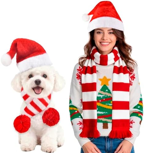 Dog Cat Christmas Santa Hat and Scarf - 4 Pcs Matching Dog and Owner Christmas Santa Costume Outfits, Dogs and Cats Clothes Accessories, Pet Winter Gifts for Small Medium Large Mini Puppy and Kitten