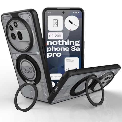 Image of RIGGEAR Shockproof Sleek Hybrid Armor 360 Rotating Magnetic Ring Stand Back Cover Case Compatible with MagSafe Accessories for Nothing Phone 3a Pro (Clear PC + Black TPU Bumper)