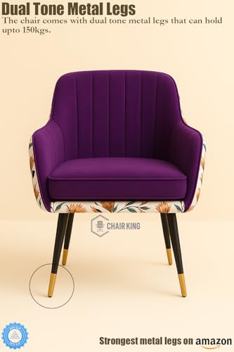 Image of Velvet Chair with Floral Pillow for Home | Modern Accent Armchair in Soft Velvet Fabric with Golden Legs | Set of 2 Premium Accent Chair for Living Room Bedroom (Purple Floral)
