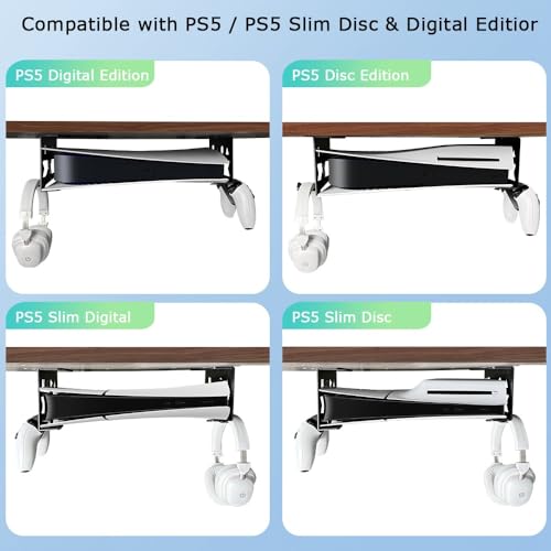 Image of Aluminum Underdesk Mount for PS5 /PS5 Slim /PS5 Pro Digital & Disc, Under Desk Mount with Detachable Controller and Headphone Holder Set, No Drilling (Black)