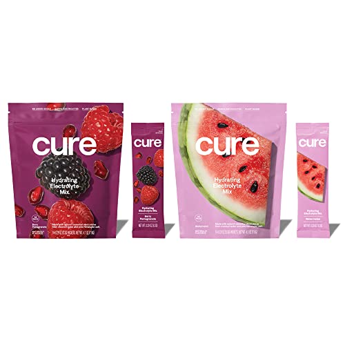 Cure Hydration Electrolyte Mix | Electrolyte Powder for Dehydration Relief | Made with Coconut Water | No Added Sugar | Vegan | Paleo Friendly | Berry Pomegranate + Watermelon Bundle | 28 Packets
