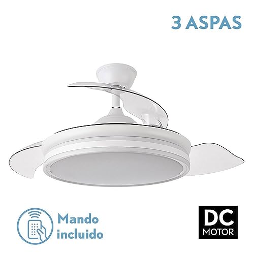 FABRILAMP - Ventilador de Techo con Luz LED 59W | Motor DC Modelo BAYOMO | 4 Aspas Retráctiles | 3 Tonalidades | 6 Velocidades | Control Remoto | Temporizador | Silencioso, Blanco, Mediano