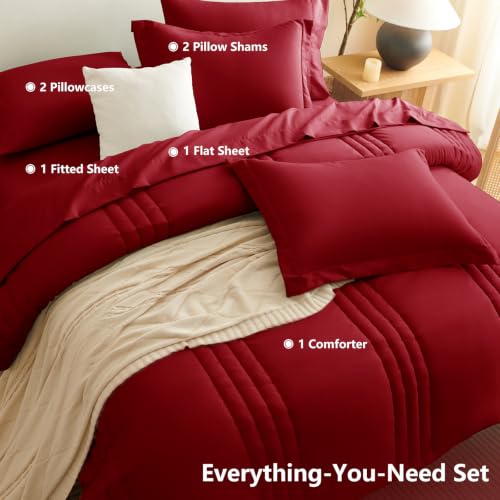 Image of CozyLux King Size Comforter Set Dark Red - 7 Pieces Bed in a Bag, Modern Vertical Quilted Room Decor, Soft All-Season Bedding Gift with Comforter, Sheets, Pillowcases & Shams