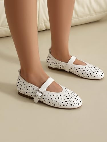 XIEDA Women's Genuine Leather Mary Janes Comfortable Cutout Ballet Flat Dress Shoes3