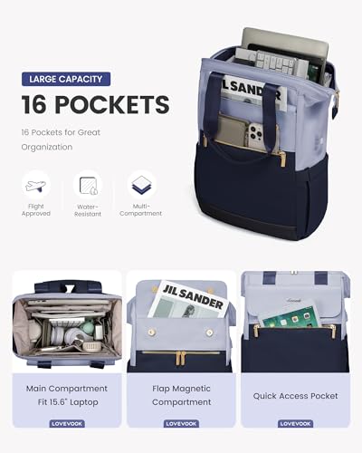 Image of LOVEVOOK Laptop Backpack for Women, 15.6 Inch Work Laptop Bag with USB Port, Fashion Teacher Nurse Backpack Purse, Waterproof Travel Computer Backpack with Organizer Bag, 2PCS, Grey Blue-Ink Blue
