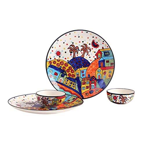 Image of Freakway Hut Family Hand-Painted Glossy Dinner Set Ceramic Stoneware Dinner Set of 4 Pieces | 2 Dinner Plate 10.3 Inch & 2 Serving Bowls 180 Ml | Dishwasher & Microwave Safe - Multicolor