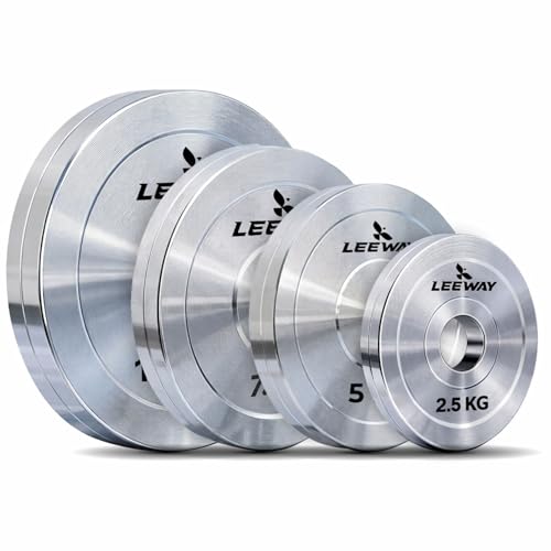 Image of Leeway Calibrated Steel Weight Plates (50kg Set) | 51mm Olympic Barbell Plates for Home Gym & Powerlifting | Solid Steel Construction | Gym Weights for Strength Training & Workouts (Chrome, 50kg Set)