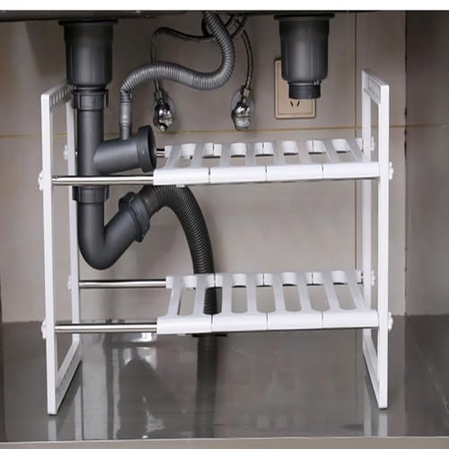 Organizador bajo fregadero SUNGOOYUE, estante retráctil de doble capa en acero inoxidable, estante ajustable para gabinete con alta capacidad para cocina y baño miniatura 2