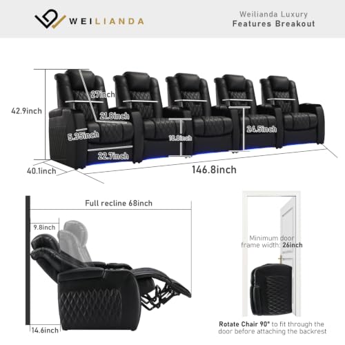 Image of Weilianda Home Theater Seating, Top Grain Leather Movie Theater Chair | Black Row of 5, Zero Gravity, Power Headrest, Tray Table, Electric Reclining Seat for Media Room