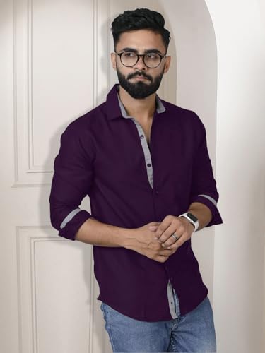 Image of Pinkmint Shirt for Men Cotton Spread Collar Button Down Long Sleeve Shirt Home, Regular, Home (Pack of 1) Purple