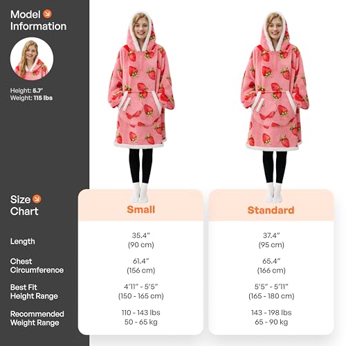 Image of Giggling Getup Wearable Blanket Hoodie for Adults Gifts for Teen Girls Sister Women Sherpa Fleece Printed Hooded Blanket Sweatshirt Warm Cozy with Pocket & Sleeves Pink Strawberry
