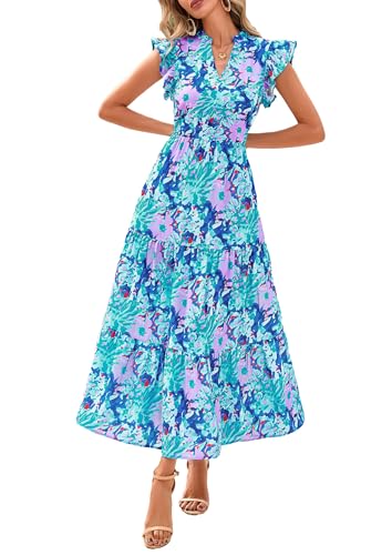 Image of PRETTYGARDEN Women's 2026 Summer Floral Midi Dress Cap Sleeve V Neck Ruffle Long Flowy Boho Casual Beach Vacation Dresses