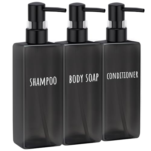 Image of Segbeauty 16.9oz Black Large Plastic Soap Dispenser Bathroom, 3pcs Large Capacity Refillable Shampoo and Conditioner Dispenser, 500ml Body Lotion Bottle, Pre-printed Square Empty Gel Cream Pump Bottle