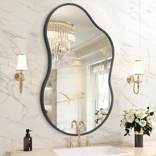 Image of HLFMVWE Asymmetrical Wall Mirror Black Metal Framed Bathroom Irregular Decorative Mirror, 40X65 CM Asymmetrical Mirrors, Vanity Farmhouse, Anti-Rust, Tempered Glass