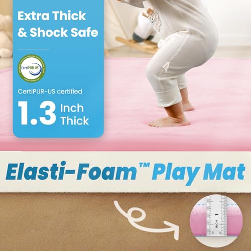Image of 1.3 inch Thick Baby Floor Play Mat, 50x74 Padded Foam Tummy Time Crawling Mat, Non-Slip Water-Repellent Soft Plush Nursey Area Rug for Playroom Bedroom Living Room (Pink)