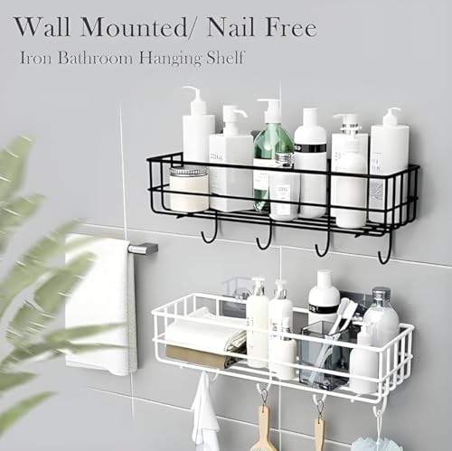 Image of TEKCOOL Aluminium Self-Adhesive Bathroom Shelf with Hooks - Space-Saving Wall Mounted Shelf for Bathroom Essentials - Durable, No-Drill Required - Sleek Design. (Pack of 1)