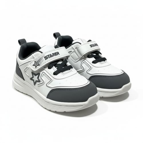 Image of High Fashion Kids Athletic Sneakers, White and Grey Sports Shoes, Breathable Synthetic Mesh, Hook and Loop Closure, Ages 4-8 Years, Summer Collection