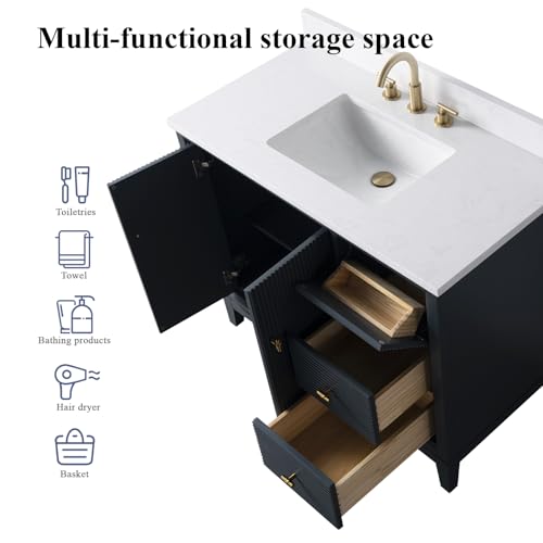 HOMEBEYOND 42\" Bathroom Vanity with Single Sink & Engineered Marble Top, Solid Wood Frame, Linear Pattern & Soft Close Door | Brushed Nickle Handware, Vintage Spruce Blue