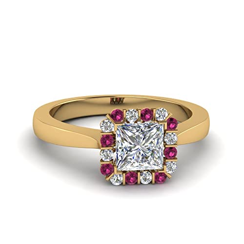 Image of Choose Your Gemstone Floating Halo Diamond CZ Ring Yellow Gold Plated Princess Shape Halo Engagement Rings Everyday Jewelry Wedding Jewelry Handmade Gifts for Wife US Size 4 to 12