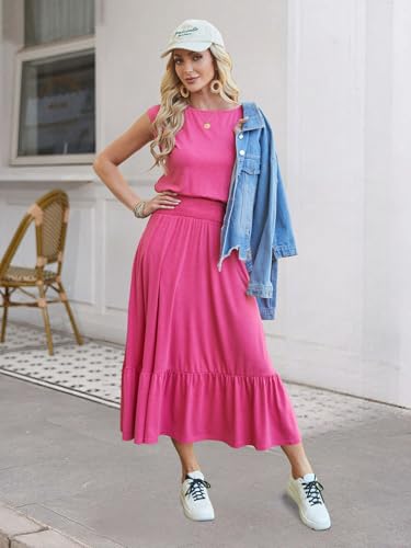 Image of Kikibell Womens Summer Dresses Cap Sleeve Elastic Waist Midi Dress with Pocket Long Causal Sundress Beach Vacation Outfits